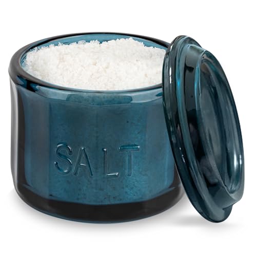 KooK Glass Salt Cellar, with Lid, Embossed Pressed Glass, Clear Storage Container, for Coffee, Sugar, Spices and Candies, 10 oz, (Navy Blue) - color: Navy Blue