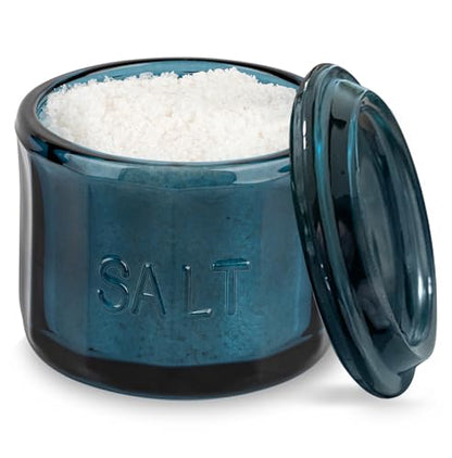 KooK Glass Salt Cellar, with Lid, Embossed Pressed Glass, Clear Storage Container, for Coffee, Sugar, Spices and Candies, 10 oz, (Navy Blue) - color: Navy Blue
