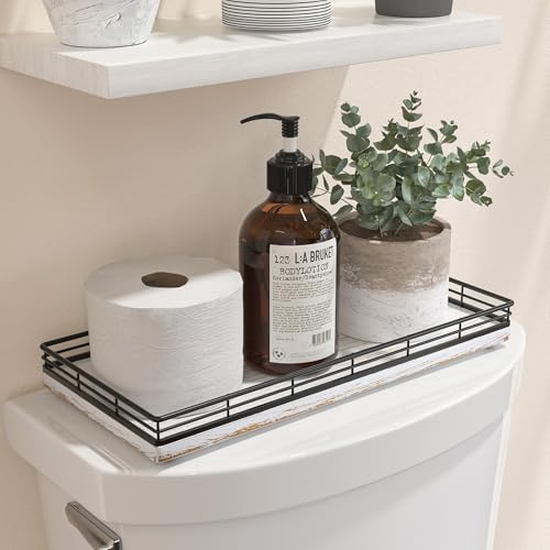 Bathroom Toilet Tank Tray, 13" Wood Toilet Paper Storage Basket Tray Back of Toilet Basket Organizer,Vanity Tray for Perfume Makeup Candle Decor, Black & Farmhouse White - color: Black & Farmhouse White, size: 13" x 6.5" x 1.5"