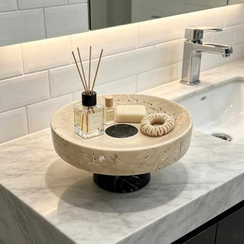 Natural Travertine Marble Pedestal Tray 6.7" x 6.7" x 3.9", Minimalist Catchall Vanity Tray for Perfume Jewelry Entryway Bathroom Decor Stone Footed Bowl - size: 6.69*3.94in