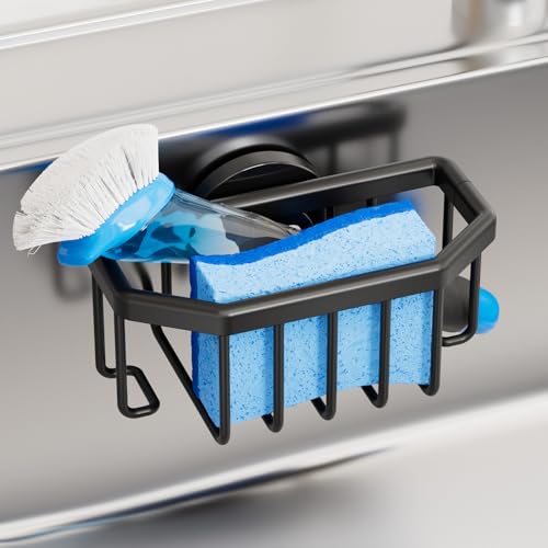 TAILI Sink Caddy with Strong Suction Cup, Sponge Holder for Sink-Black | for Kitchen Sink Organizer, Removable Sponge Caddy Inside Sink, Rustproof Aluminum Holder for Sponges, Brushes, Scrubber - color: Black, size: 6.1" x 3.5"