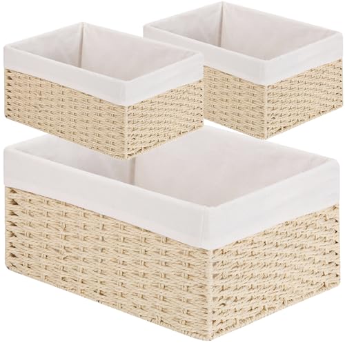 Wicker Basket, Set of 3 Hand-woven Storage Baskets for Organizing, Decorative Bathroom Wicker Storage Basket Bins with Handles, Small Toilet Paper Storage Baskets for Shelves & Decor, Beige - color: Beige