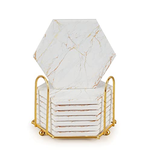 Coasters for Drinks with Holder, Absorbent Marble Coaster Set of 8, Ceramic White and Gold Coasters for Coffee Table,Housewarming Gift,Tabletop Protection, Home Decor - color: White and Gold, size: Design 2