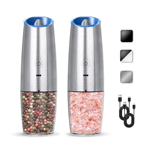 Rechargeable Gravity Salt Pepper Grinder Set, 2 Pack (Silver) | Gravity Automatic Grinder With LED Light & Adjustable Roughness, Rechargeable Seasoning Tool For Kitchen Use - color: Rechargeable/Set/Silver