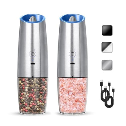 Rechargeable Gravity Salt Pepper Grinder Set, 2 Pack (Silver) | Gravity Automatic Grinder With LED Light & Adjustable Roughness, Rechargeable Seasoning Tool For Kitchen Use - color: Rechargeable/Set/Silver