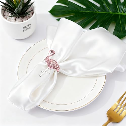 Pink Crystal Flamingo Napkin Rings Set of 6, Silver Rhinestone Tropical Napkin Holders for Beach Wedding Summer Luau Hawaiian Party Bachelorette Elegant Coastal Table Decor - style: Flamingo
