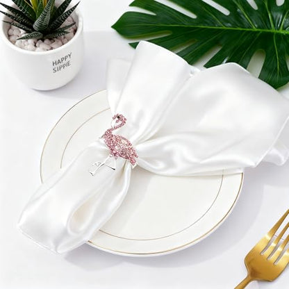 Pink Crystal Flamingo Napkin Rings Set of 6, Silver Rhinestone Tropical Napkin Holders for Beach Wedding Summer Luau Hawaiian Party Bachelorette Elegant Coastal Table Decor - style: Flamingo
