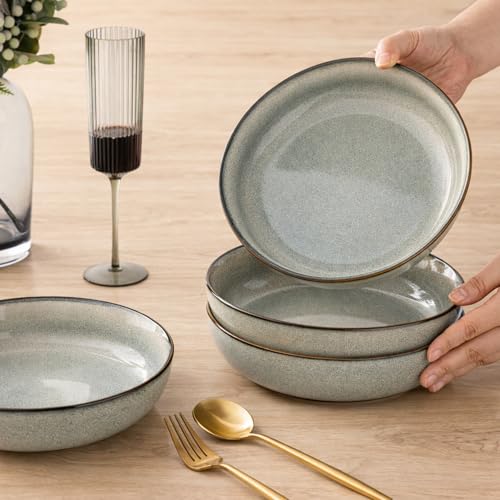 GBhome 8.75'' Large Ceramic Pasta Bowls, 38oz Stoneware Pasta Serving Bowls Set of 4 for Kitchen, Wide Bowls for Fruit,Pasta,Salad,Oatmeal,Meal, Microwave Safe, Reactive Glaze-Green Wheat - color: Green Wheat