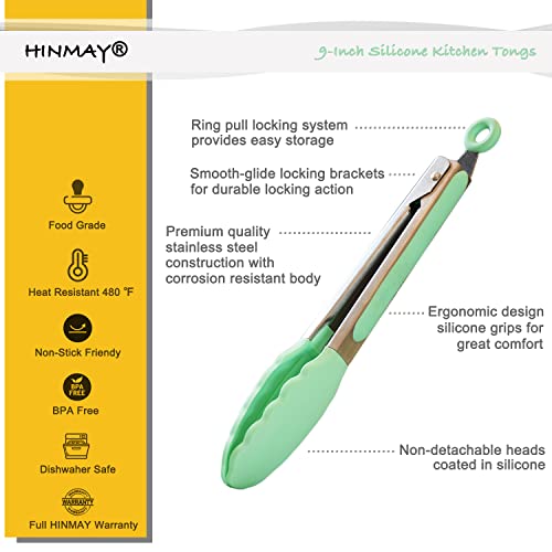 HINMAY 9" Kitchen Cooking Tongs with Silicone Tips, Set of 3 (Mint) - color: Mint