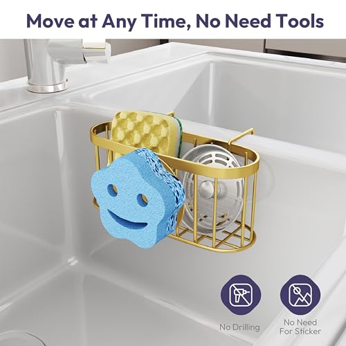 SWTYMIKI Sponge Holder for Kitchen Sink - Movable Sink Caddy with Smiley Face Sponge Holder, Rustproof Hanging Sponge Organizer in Double Bowl Sinks Depth>3.15in, Middle Divider<1.5in, Gold - color: Gold-smiley Sponge Holder