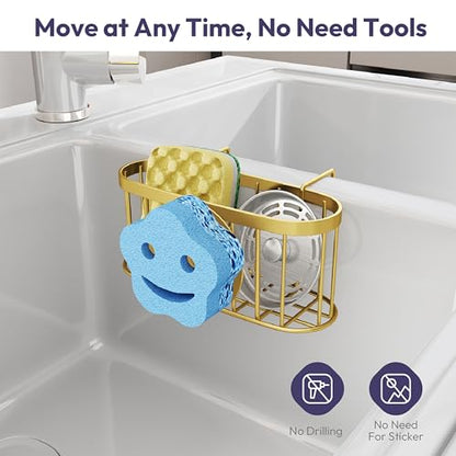 SWTYMIKI Sponge Holder for Kitchen Sink - Movable Sink Caddy with Smiley Face Sponge Holder, Rustproof Hanging Sponge Organizer in Double Bowl Sinks Depth>3.15in, Middle Divider<1.5in, Gold - color: Gold-smiley Sponge Holder
