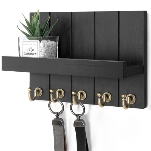 Rebee Vision Key Holder Wall Mount with Shelf &Hooks for Living Room, Black | 3.54" x 10"x 7.28", 5 Key Hooks, Floating Shelf, Display Plant, Key Holder for Wall, Apartment Essential - color: Black, size: 10 inches