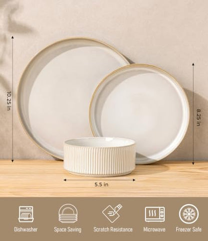 GBHOME Stoneware Dinnerware Sets for 4, 12 Pieces Plates and Bowls Set | Lightweight Ceramic Ribbed Dishes,Reactive Glaze Stackable Plate Set,Scratch Resistant,Microwave Dishwasher Safe,VanillaLatte - color: Vanilla Latte