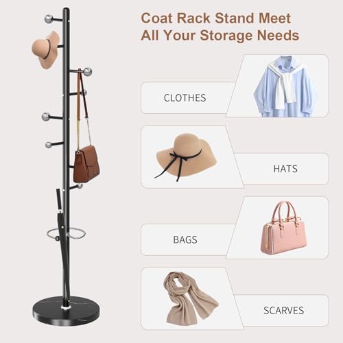 Coat Rack Stand, Black Metal Coat Rack Freestanding with 8 Hooks | Modern Coat Rack with Natural Marble Base,Modern Coat Hanger Stand, 3 Adjustable Coat Clothes Tree Stand for Office - color: Black-8 Ball Hooks