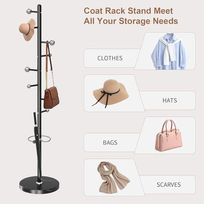 Coat Rack Stand, Black Metal Coat Rack Freestanding with 8 Hooks | Modern Coat Rack with Natural Marble Base,Modern Coat Hanger Stand, 3 Adjustable Coat Clothes Tree Stand for Office - color: Black-8 Ball Hooks