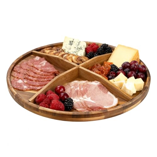 Utoplike Large Acacia Serving Tray, Rotating Lazy Susan Table Top 17.7'' | Round Wood Charcuterie Board, with Raised Edge, Removable Dividers for Cheese, Snacks, for Dining Tables, Kitchen Counters - size: 17.7''
