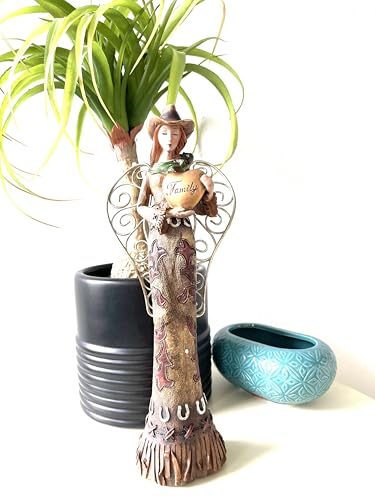 SUREG Western Cowgirl Angel Holding Cross, Family, Friend Figurine Statue Hand Painted Rustic Life-Like Detailed Home Office Decoration Poly Resin 1 Item (Holding Family Heart Sign) - color: Holding Family Heart Sign