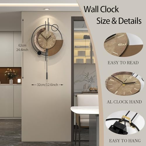 FLEBLE Large Wall Clock Decorative Modern Wall Clocks with Pendulum Silent | Analog Battery Operated Quality Quartz Clock for Living Room,Kitchen,Home,Farmhouse,Bedroom,Classroom Wall Decor,12.6*24inch - size: 12.6*24inch