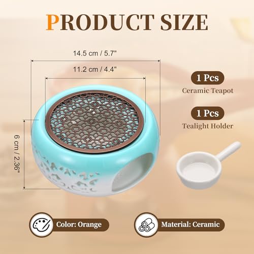 uxcell Teapot Warmer, Ceramic Tea Warmer Ceramic Teapot Heater with Alloy Pad Tealight Holder for Heating Coffee Milk Water Heatproof Dish Warming Use, Blue White Ocean Flower Design - color: Blue