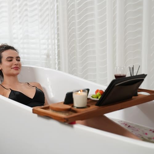 Utoplike Teak Bathtub Caddy, Expandable Bath Table Tray for Tub | Solid Wooden Bathtub Organizer with Book Tablet, Wine Glass Cup, Towel Holder, Adjustable