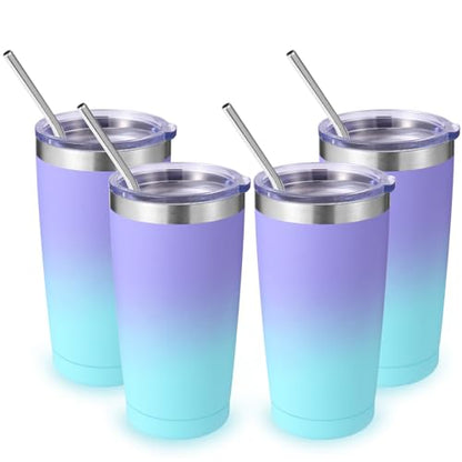 Volhoply 20oz Stainless Steel Tumbler with Lid and Straw Bulk 4 Pack,Double Wall Insulated Travel Iced Coffee Mug Fits Cup holder,Powder Coated Cups for Cold Drinks,Gifts for Women（Purple Bule,4 Set） - color: Purple Bule