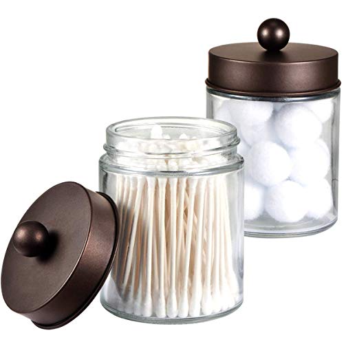 Amolliar Apothecary Jar Bathroom Storage Qtip Holder Glass, Bronze 2Pack | for Bathroom Vanity Storage, Countertop, Farmhouse Style, Holds Cotton Swabs, Dental Floss, Makeup Sponges - color: Bronze