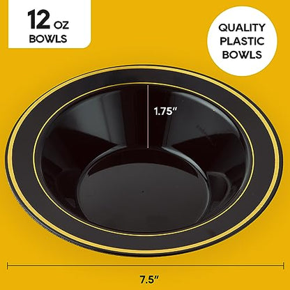50PCS 12oz Black Disposable Plastic Soup Bowls with Gold Rim | Plastic Bowls for Christmas Thanksgiving Premium Disposable Soup Dessert Salad Bowls for Wedding/Party/Halloween - color: Black, style: 50Count