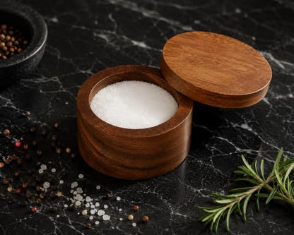 Acacia Wood Salt cellar bowl Box with Swivel Lid – Wooden Salt box for Kitchen Countertop, Salt Keeper for Cooking, Spices & Seasonings