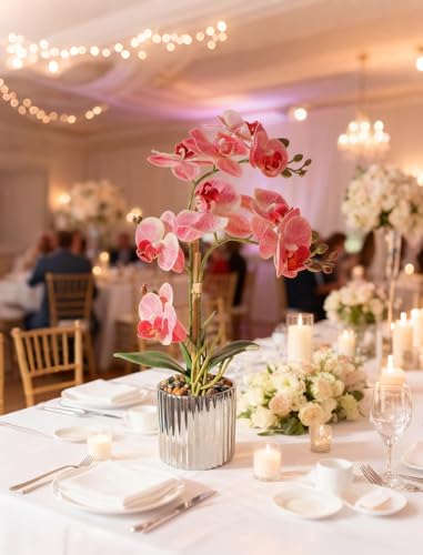 Fake Orchid Plant Artificial Flowers Pink Orchids in Ceramic Vase Faux Real Touch Flowers for Decorations Table Centerpiece Arrangements Fake Flowers that Look Real Home Decor