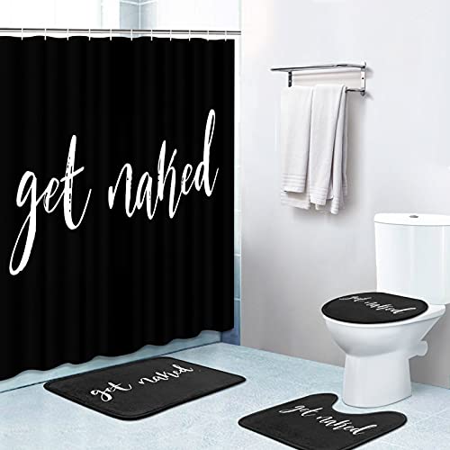 Bathroom Sets with Shower Curtain and Rugs, 4 Pcs, Black | Get Naked Bathroom Decor Set with Toilet Lid Cover, Non-Slip Bath Mats and Accessories 12 Hooks - color: Get Naked Black