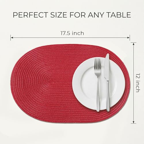 Placemats Set of 6, Woven Oval Braided Dining Table Mats(Red) | 12 x 17.5 Inch Size Fits Plates and Flatware; Hand Washable and Heat Resistant for Kitchen Use, with Farmhouse and Boho Style - color: Red, size: 6 pcs