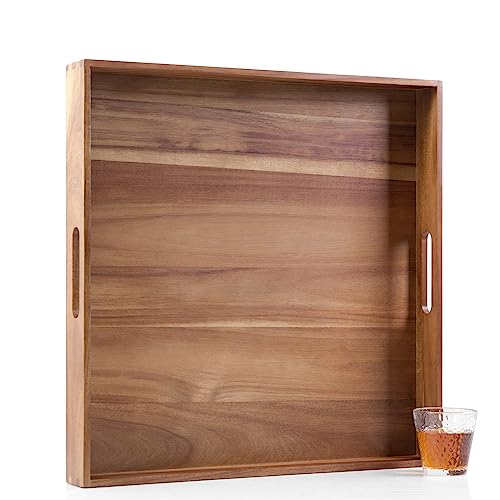 Extra Large Square Wood Tray, Generously 22" Acacia Serving Trays for Large Ottoman Coffee Table, Giant Square Shape Sofa Tray with Handles, Kitchen Organizer Storage Trays Huge Counter Serveware - color: 22" Square Tray - Acacia