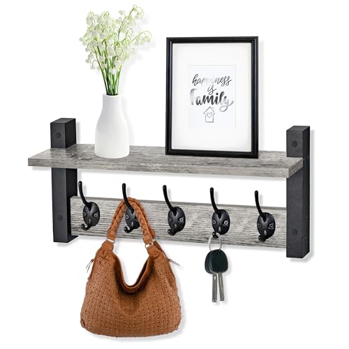Sorbus Coat Hooks Wall Mount with Shelf – 16 Inch Coat Rack Wall Mount with 5 Heavy Duty Hooks – Floating Wall Shelf with Hooks for Entryway, Bathroom, Bedroom, Kitchen, or Mudroom (Gray) - color: Gray, size: 16 Inch