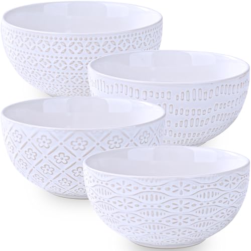 24 OZ Large Soup Bowls Set of 4, Farmhouse Embossment Ceramic Cereal Bowls for Salad, Serving, Fruit, Snack, Noodle, Ramen, Pho, Microwave & Dishwasher Safe, 6 Inch White - size: 6 INCH