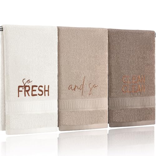 3 Pcs Farmhouse Decorative Hand Towels for Bathroom and Kitchen Rustic Embroidered Cotton Hand Towels Decorative Set for Boho Bathroom Decor(Brown,So Fresh and So Clean Clean) - color: Brown, style: So Fresh and So Clean Clean