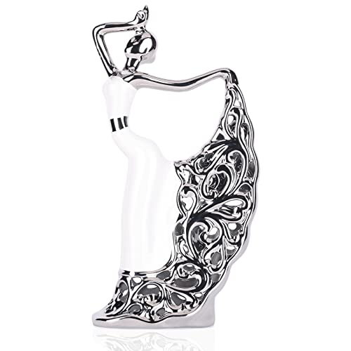 DOVDOV Abstract Ceramic Peacock Dancer Statue, Female Ballerina Decoration, Gold and Silver Home Decor Trinkets for Dance Studio Living Room TV Cabinet Console Dresser Entryway Countertop Decoration - color: White Silver
