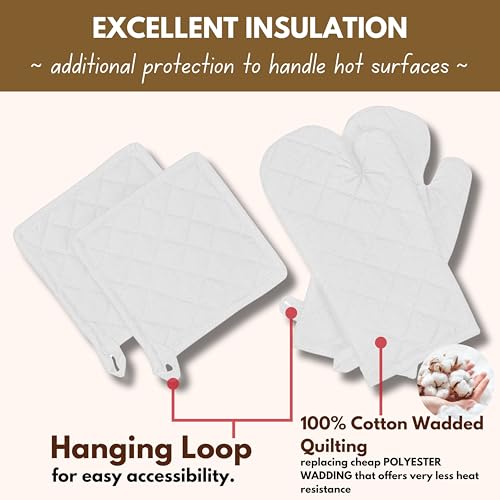 Native Fab 4 Piece Set - 2 Oven Mitts & 2 Potholders, Heat Resistant, 100% Cotton, Quilted Design, Non-Slip Grip, Machine Washable, Ideal for Baking, Cooking, BBQ, Kitchen Protection - White - color: White