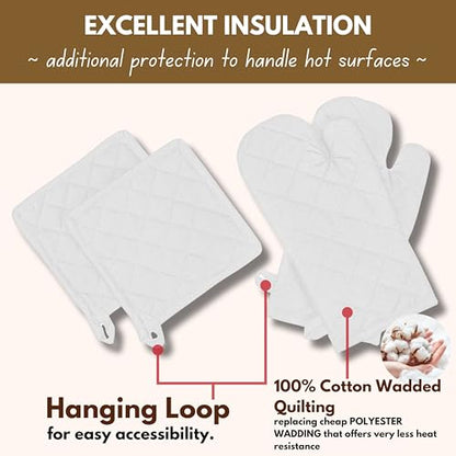 Native Fab 4 Piece Set - 2 Oven Mitts & 2 Potholders, Heat Resistant, 100% Cotton, Quilted Design, Non-Slip Grip, Machine Washable, Ideal for Baking, Cooking, BBQ, Kitchen Protection - White - color: White