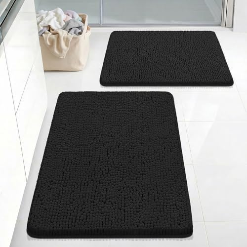 Bcoimo Bath Rug Mat Set, 2 Piece High Absorbent Chenille Bathroom Mat Black | Non Slip with Rubber Backing Bathroom Rugs set; Machine Washable;Extra Soft Bath Rug;High Absorbent、Quick Dry Microfiber mat - color: Black, size: 30×20 Plus 24×17