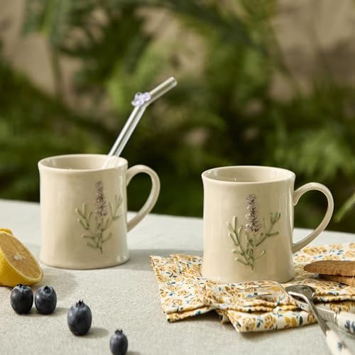 Artisanal Handcrafted Ceramic Mug with Sage Botanical Design - 10oz Off-White Stoneware Coffee Cup, Elegant Purple Sage Pattern, Dishwasher Safe, Comfort Grip Handle for Daily Use - color: Sage-1 Pack