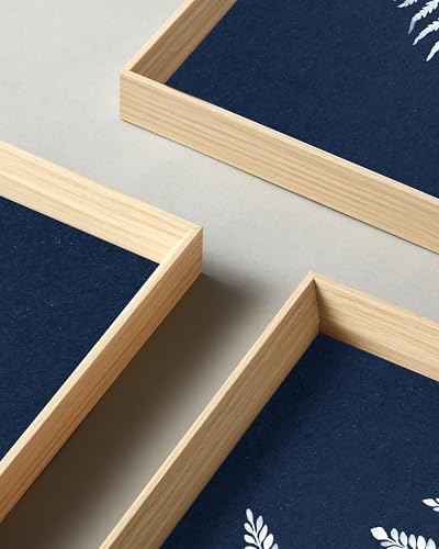 UPWOIGH Navy Blue Fern Framed Wall Art, 12 x 16 Inch, Set of 3 | White Fern Leaf Prints, Navy Blue Background, Minimalist Botanical Design, Light Wood Frames for Bedroom, Office and Hallway - color: Blue Plant MDF