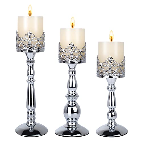 Candle Holders for Pillar Candles Set of 3 Silver Vintage Tall Candle Holders Decorative Large Table Centerpieces Candle Stand Decor - color: Silver