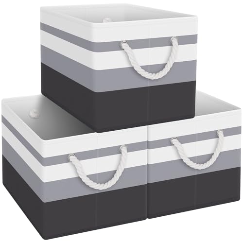 Storage Bins 3-Pack, Foldable Storage Baskets for Organizing Toys, Books, Shelves, Closet, Large Storage Box with Rope Handles, Sturdy Organizer Bins,Gradient Grey | 3-Pack Storage Bins for Organizing Toys, Books, Shelves, Closet, Large Storage Box Sturdy