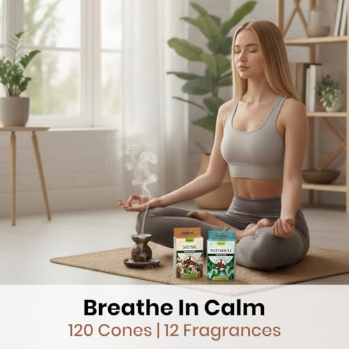 Backflow Incense Cones with Natural Oils, Scents Set of 12 Fragrances (120 Cones) Calming Home Aromatherapy, Yoga, Meditation, Relaxing, Mixed Scents with Natural Oils