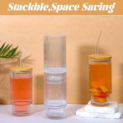 4 Pcs 15 Oz Glass Cups With Bamboo Lid And Straw, Clear Vintage Ribbed Drinking Glass Tumbler, Iced Coffee Cups For Juice, Cocktail, Beer, and Water