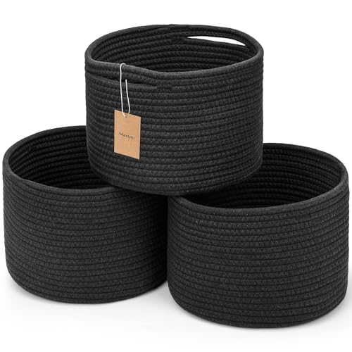 3 Pack Small Rope Storage Baskets, 9.82×9.82×7.1", Black | Cotton Basket for Gifts Empty, Cute Round Woven Basket, Decorative Shelf Basket Organizer, Organizing Basket for Shelves - color: Black-3PCS
