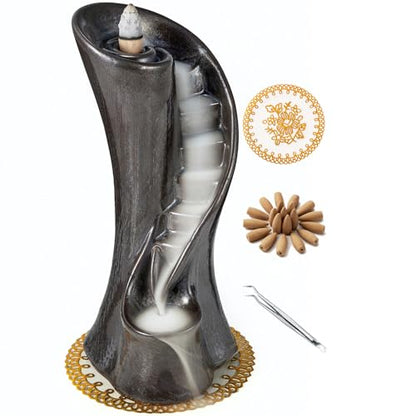 Unique Cloud Stairs Ceramic Waterfall Incense Holder, Paired with a Pack of Backflow Incense Cones. (Metallic) - color: Metallic