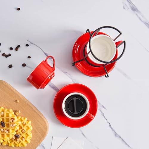 YOLIFE 2.5oz Espresso Cups Set of 4, Porcelain Stackable Espresso Cups, Expresso Shots Cup Set with Saucers and Metal Stand-Red - color: Red, size: 2.5oz