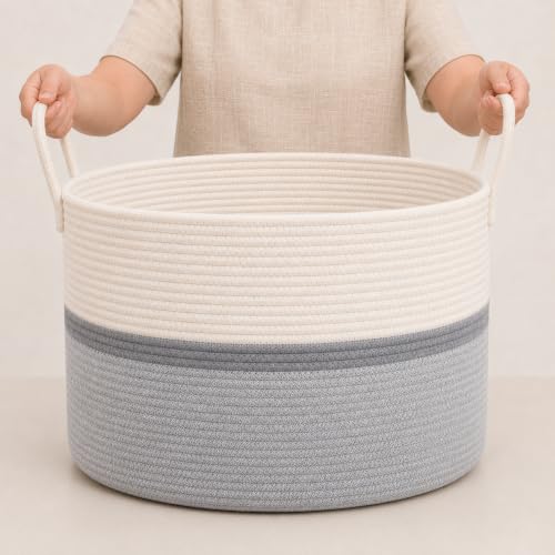 OrganiHaus Round Toy Basket & Blanket Basket, Cotton Rope 20x13" | Striped Gray - Round Cotton Rope Basket, 20x13" - color: Striped Gray, size: Wide