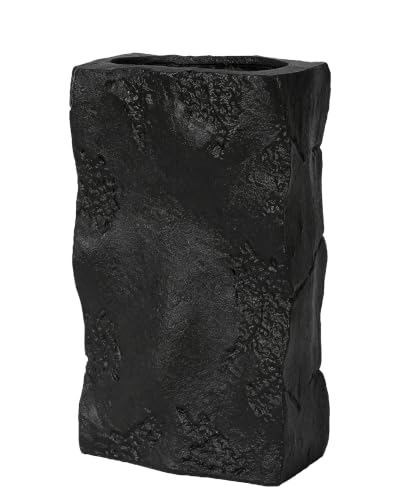 Large Black Vase for Flowers Decor Living Room - Organic Square Rock Textured Vase Design, Modern Farmhouse Decor, Entryway Table, Wabi Sabi (10.6 inch) - color: Black Matte, size: Large
